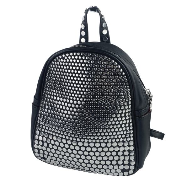 Steve Madden Women's Black Silver Studded Zip Leather Adjustable Mini Backpack - Picture 3 of 5